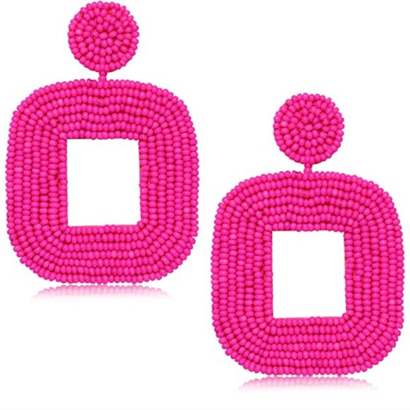 Oversized Bright Pink Handmade Beaded Dangle Earrings Post New Handcrafted Boho - Picture 2 of 7